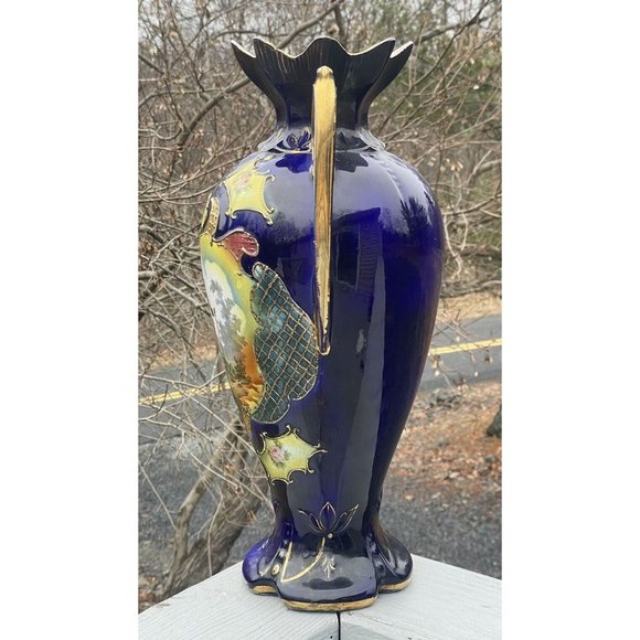 18 3/8" LARGE Antique Ceramic Vase 'Dudley' Transfer Print Cobalt Blue Gilt - Picture 13 of 16